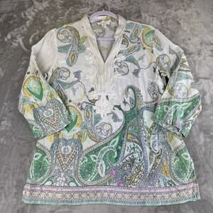 Charter Club Luxury Linen Tunic Top Women's S White Green Paisley Boho (1180)